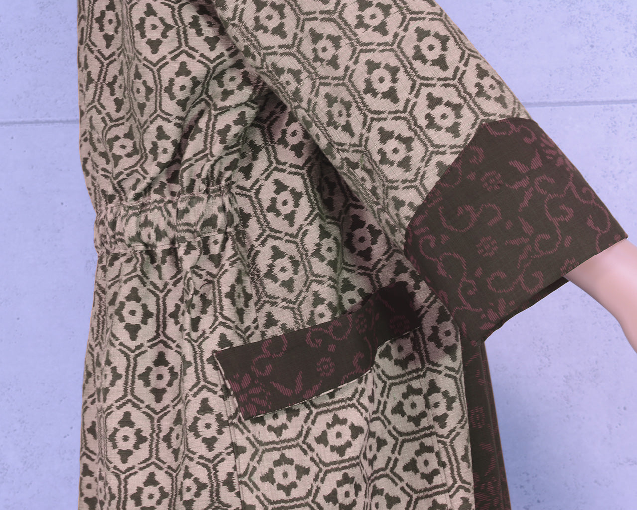 Japanese Vintage Kimono Remake Long Coat, Oshima Tsumugi, Spring