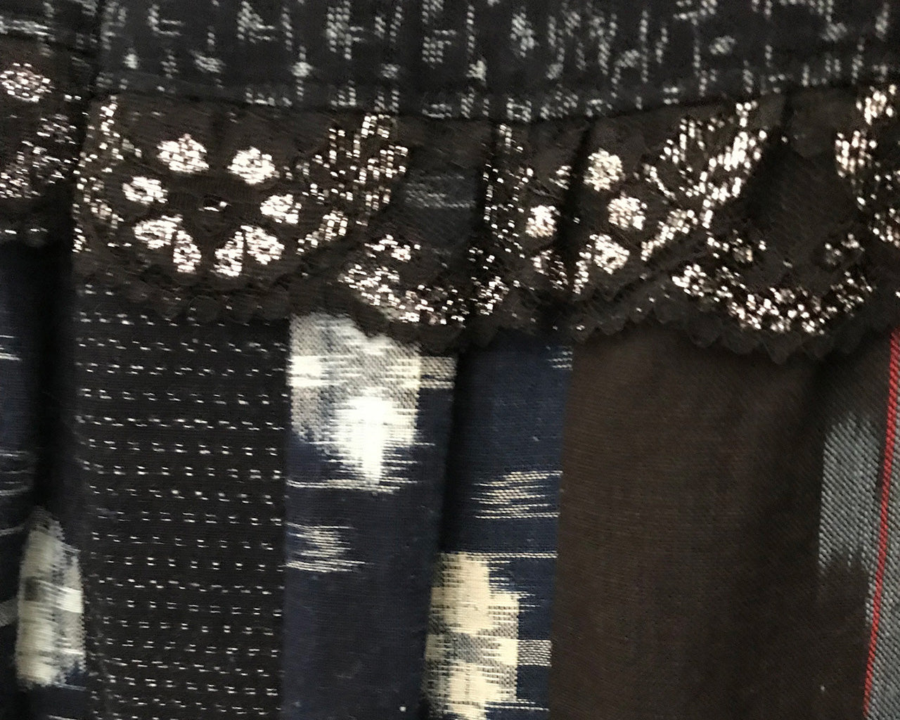 Japanese Vintage Kimono Remake Long Skirt, Switching Design, Kasuri Fabric, Lace