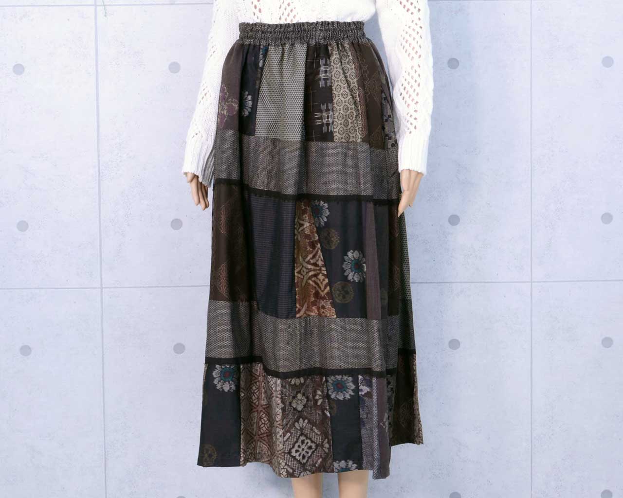 Japanese Vintage Kimono Remake 3-Tiered Skirt Oshima tsumugi Silk