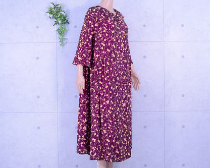 Japanese Vintage Kimono Remake One-Piece Dress, Plum Pattern, Chirimen Komon, Total Pattern, Flare, Draped