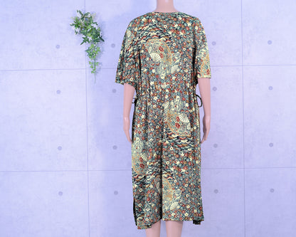 Japanese Vintage Kimono Remake Tunic Dress, French Sleeve, Edo Komon, Total Pattern, Flower Pattern, Colorful