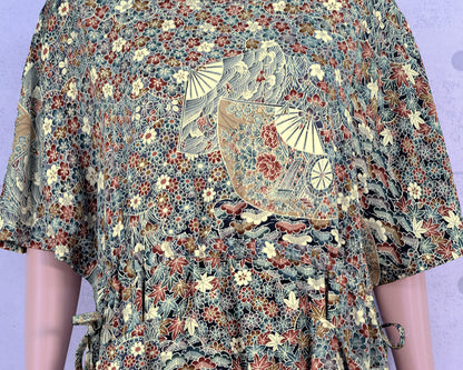 Japanese Vintage Kimono Remake Tunic Dress, French Sleeve, Edo Komon, Total Pattern, Flower Pattern, Colorful
