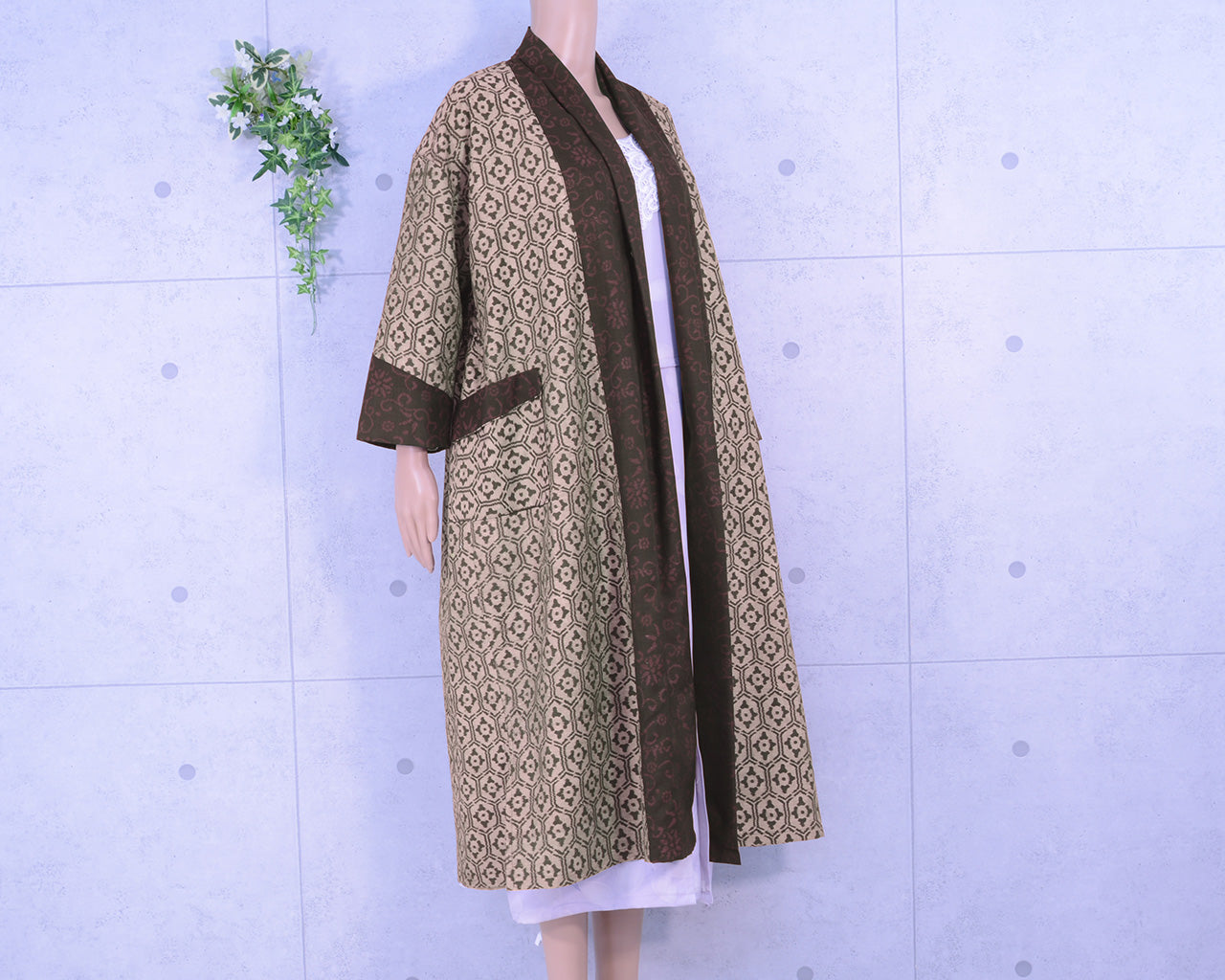 Japanese Vintage Kimono Remake Long Coat, Oshima Tsumugi, Spring
