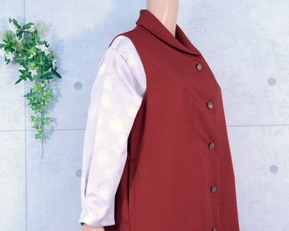 Japanese Vintage Kimono Remake Long Vest, Sleeveless, Wine Red, Design Button