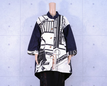 Japanese Vintage Kimono Remake 8-Point Coat, Made from Men's Haori and Cotton Flag Fabric