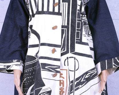 Japanese Vintage Kimono Remake 8-Point Coat, Made from Men's Haori and Cotton Flag Fabric