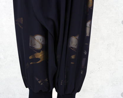 Japanese Vintage Kimono Remake Wide Pants, Made from Pure Silk Kurotomesode, Pine Tree and Crane Pattern