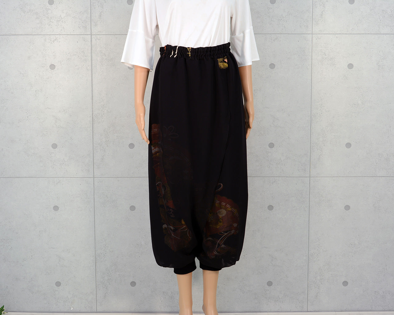 Japanese Vintage Kimono Remake Wide Pants, Made from Pure Silk Kurotomesode, Fan and Pine Tree Pattern