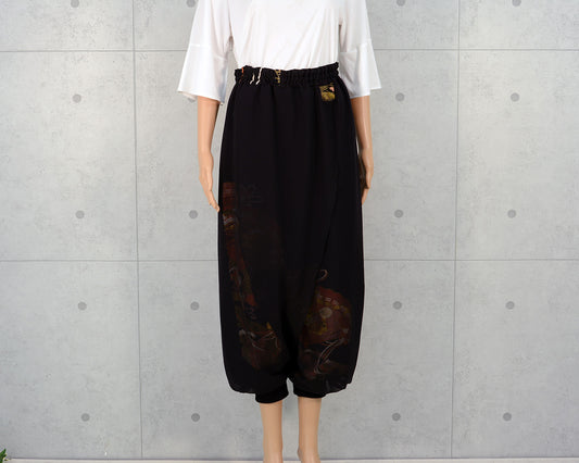 Japanese Vintage Kimono Remake Wide Pants, Made from Pure Silk Kurotomesode, Fan and Pine Tree Pattern