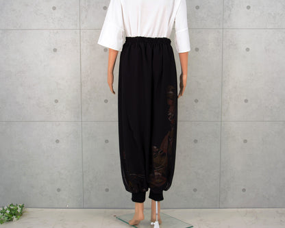 Japanese Vintage Kimono Remake Wide Pants, Made from Pure Silk Kurotomesode, Fan and Pine Tree Pattern