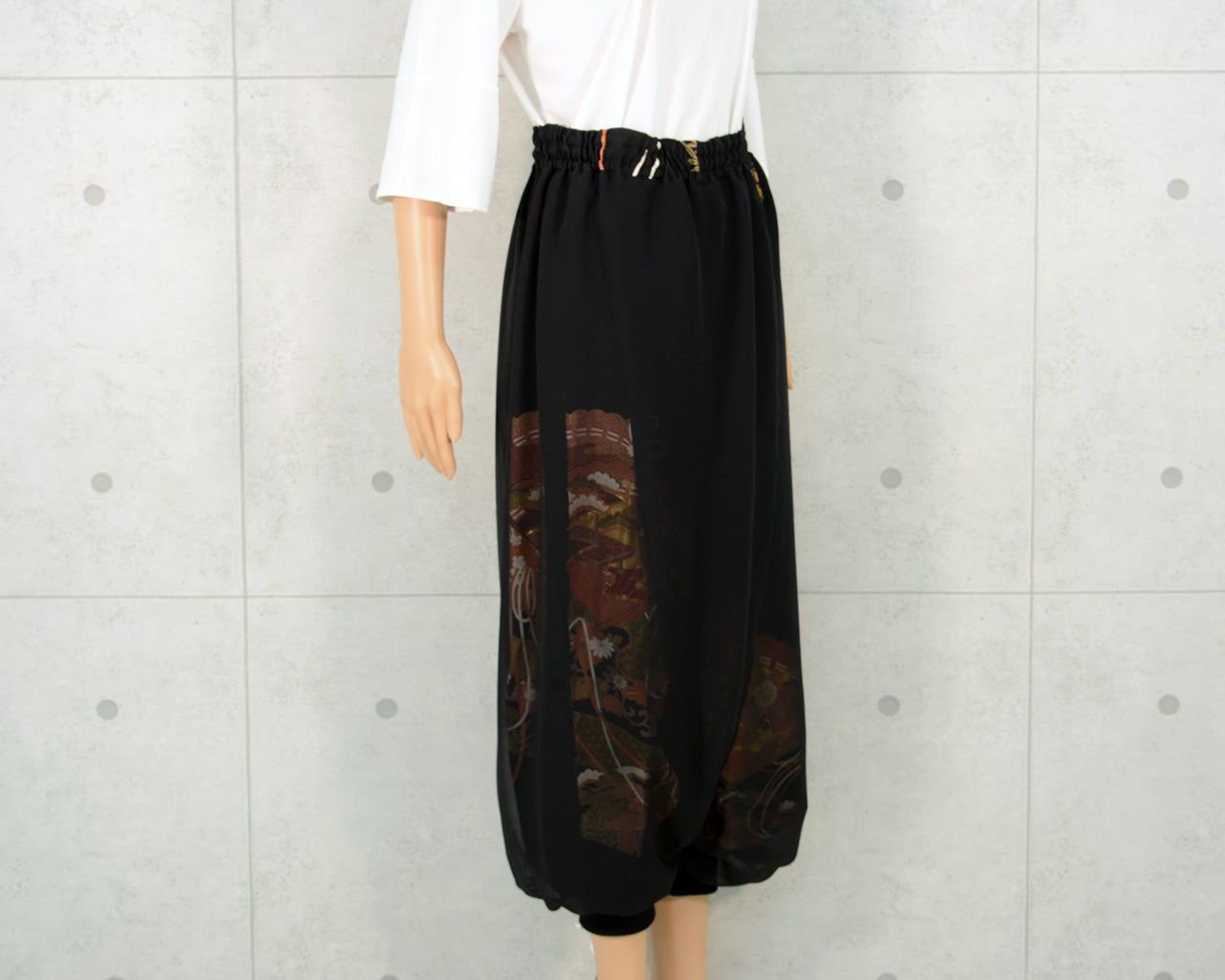 Japanese Vintage Kimono Remake Wide Pants, Made from Pure Silk Kurotomesode, Fan and Pine Tree Pattern