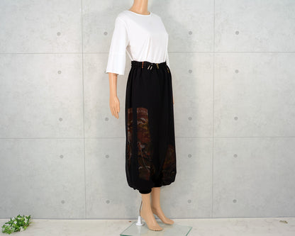 Japanese Vintage Kimono Remake Wide Pants, Made from Pure Silk Kurotomesode, Fan and Pine Tree Pattern