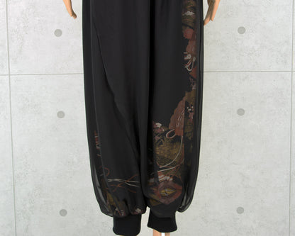 Japanese Vintage Kimono Remake Wide Pants, Made from Pure Silk Kurotomesode, Fan and Pine Tree Pattern