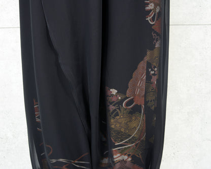 Japanese Vintage Kimono Remake Wide Pants, Made from Pure Silk Kurotomesode, Fan and Pine Tree Pattern