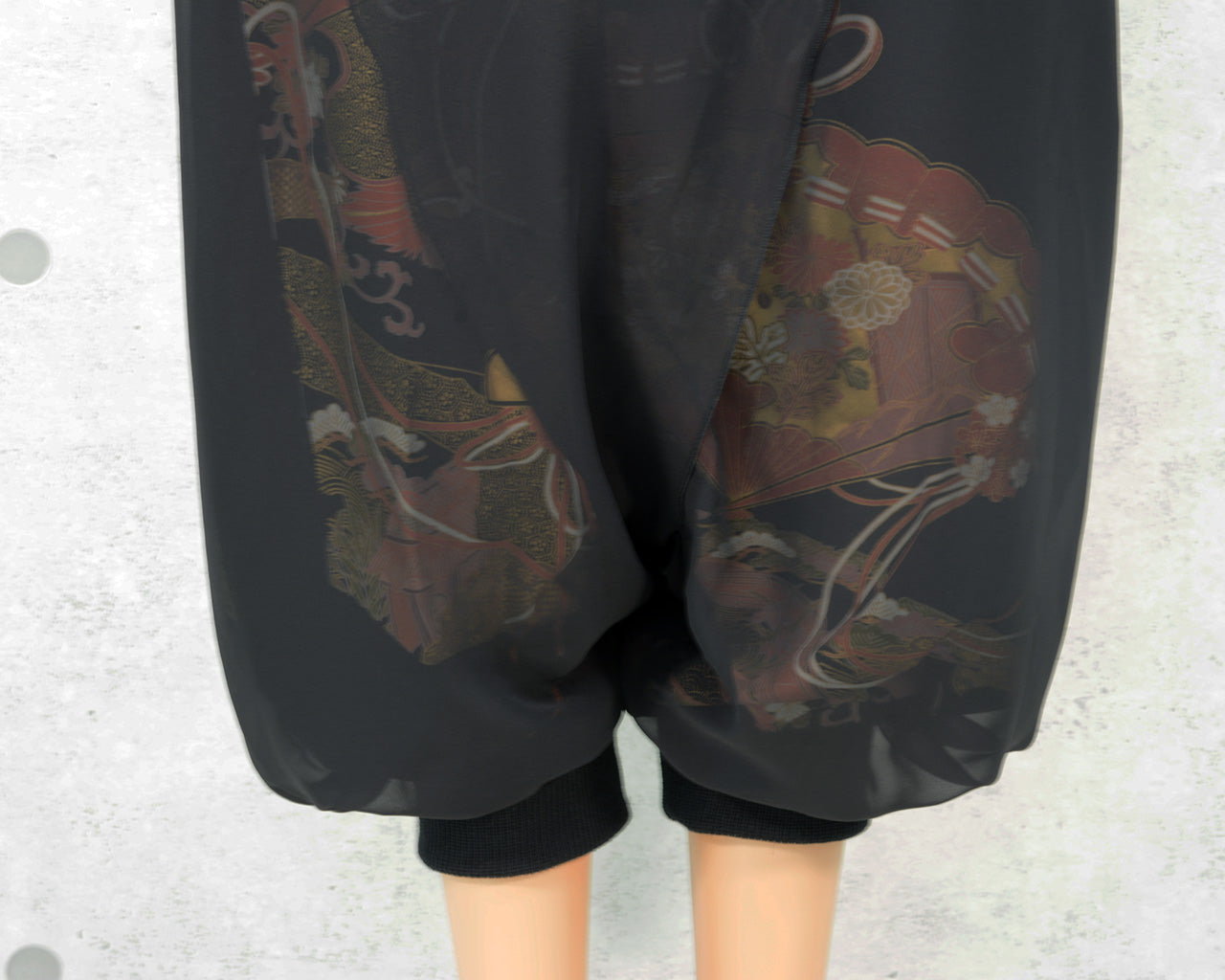 Japanese Vintage Kimono Remake Wide Pants, Made from Pure Silk Kurotomesode, Fan and Pine Tree Pattern