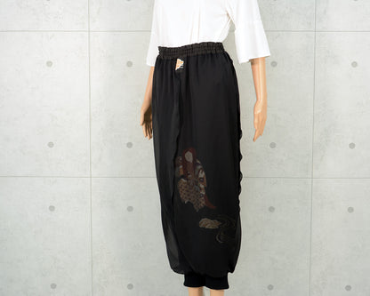 Japanese Vintage Kimono Remake Wide Pants, Made from Pure Silk Kurotomesode with Noh actor Motif