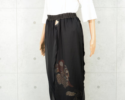 Japanese Vintage Kimono Remake Wide Pants, Made from Pure Silk Kurotomesode with Noh actor Motif