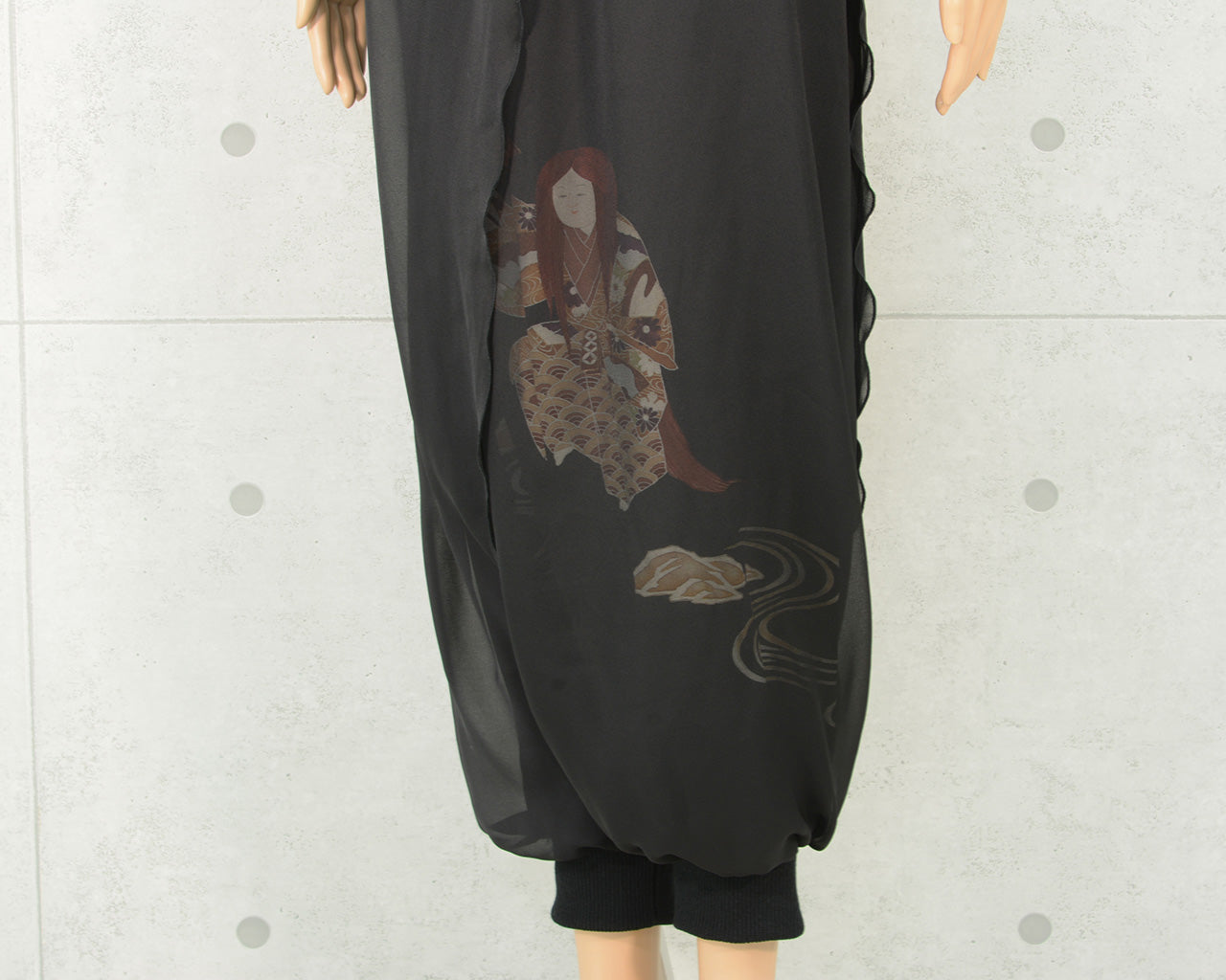 Japanese Vintage Kimono Remake Wide Pants, Made from Pure Silk Kurotomesode with Noh actor Motif