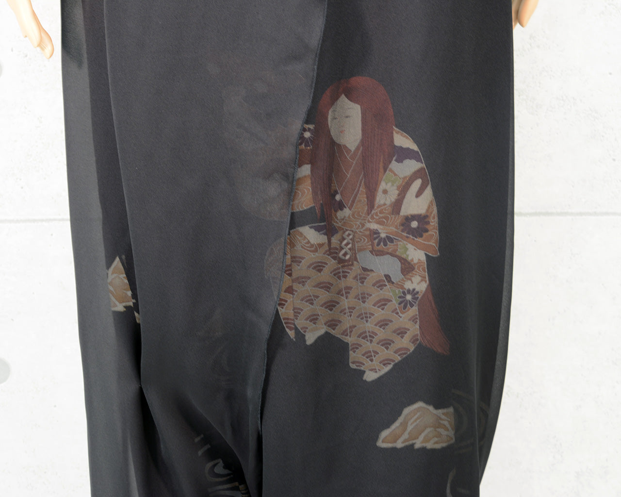 Japanese Vintage Kimono Remake Wide Pants, Made from Pure Silk Kurotomesode with Noh actor Motif