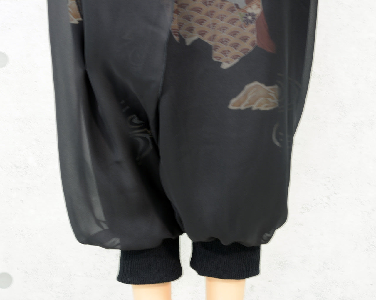 Japanese Vintage Kimono Remake Wide Pants, Made from Pure Silk Kurotomesode with Noh actor Motif