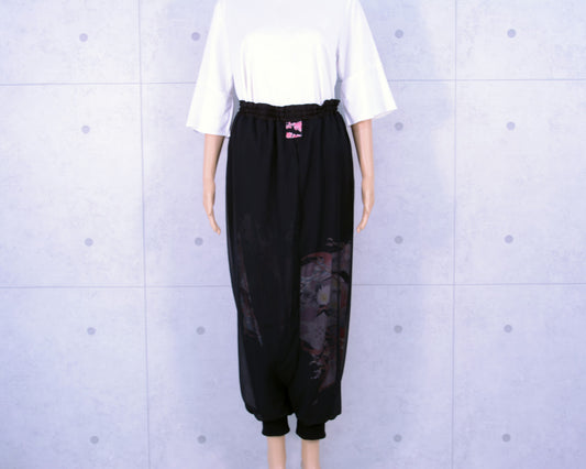 Japanese Vintage Kimono Remake Wide Pants, Made from Pure Silk Kurotomesode with Seasonal Flowers Motif