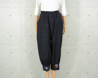 Japanese Vintage Kimono Remake Pants, Made from Indigo-dyed Shosei Kasuri, Kurume Kasuri, and Persimmon-dyed Fisherman's Flag