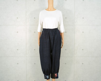 Japanese Vintage Kimono Remake Pants, Made from Indigo-dyed Shosei Kasuri, Kurume Kasuri, and Persimmon-dyed Fisherman's Flag