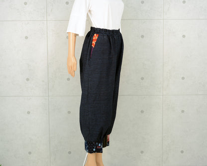 Japanese Vintage Kimono Remake Pants, Made from Indigo-dyed Shosei Kasuri, Kurume Kasuri, and Persimmon-dyed Fisherman's Flag