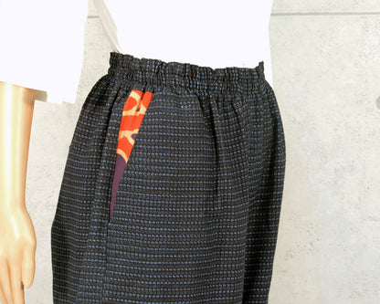 Japanese Vintage Kimono Remake Pants, Made from Indigo-dyed Shosei Kasuri, Kurume Kasuri, and Persimmon-dyed Fisherman's Flag