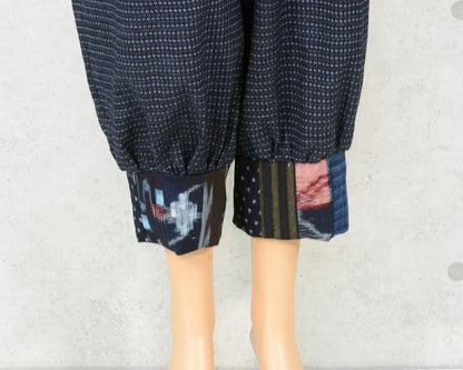 Japanese Vintage Kimono Remake Pants, Made from Indigo-dyed Shosei Kasuri, Kurume Kasuri, and Persimmon-dyed Fisherman's Flag