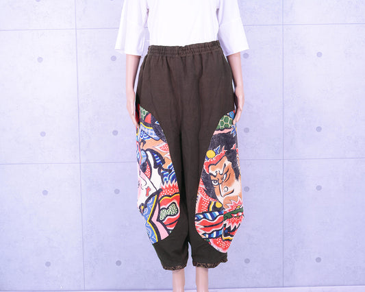 Japanese Vintage Kimono Remake Wide Pants, Made from Persimmon-dyed Cotton Fabric and Noren with Folk-style Warrior Print