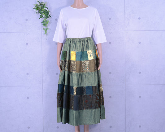 Japanese Vintage Kimono Remake Tiered Skirt, Oshima Tsumugi, Gathered, Patchwork