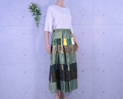 Japanese Vintage Kimono Remake Tiered Skirt, Oshima Tsumugi, Gathered, Patchwork