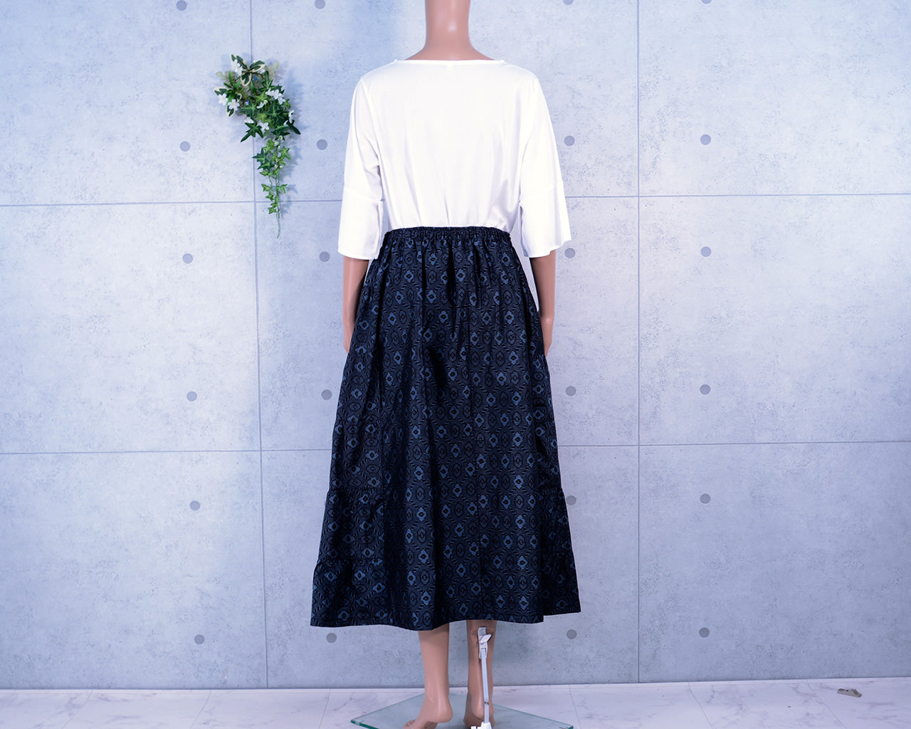 Japanese Vintage Kimono Remake Gathered Skirt, Tiered, Oshima Tsumugi, Glossy