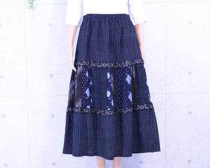 Japanese Vintage Kimono Remake Long Skirt, Switching Design, Kasuri Fabric, Lace