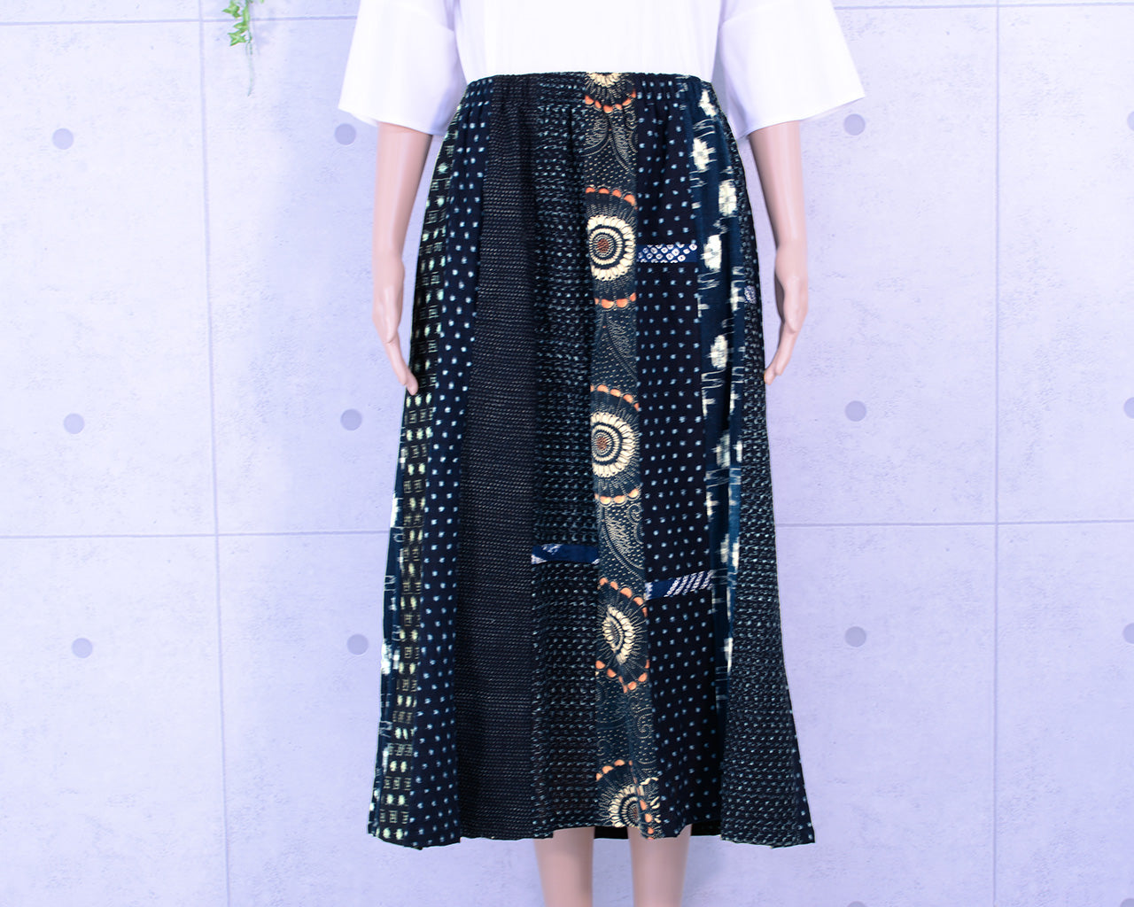 Japanese Vintage Kimono Remake Flared Skirt, Kasuri Fabric, Indigo-Dyed