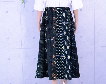 Japanese Vintage Kimono Remake Flared Skirt, Kasuri Fabric, Indigo-Dyed