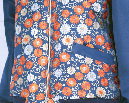 Kimono remake blouson with floral arabesque pattern