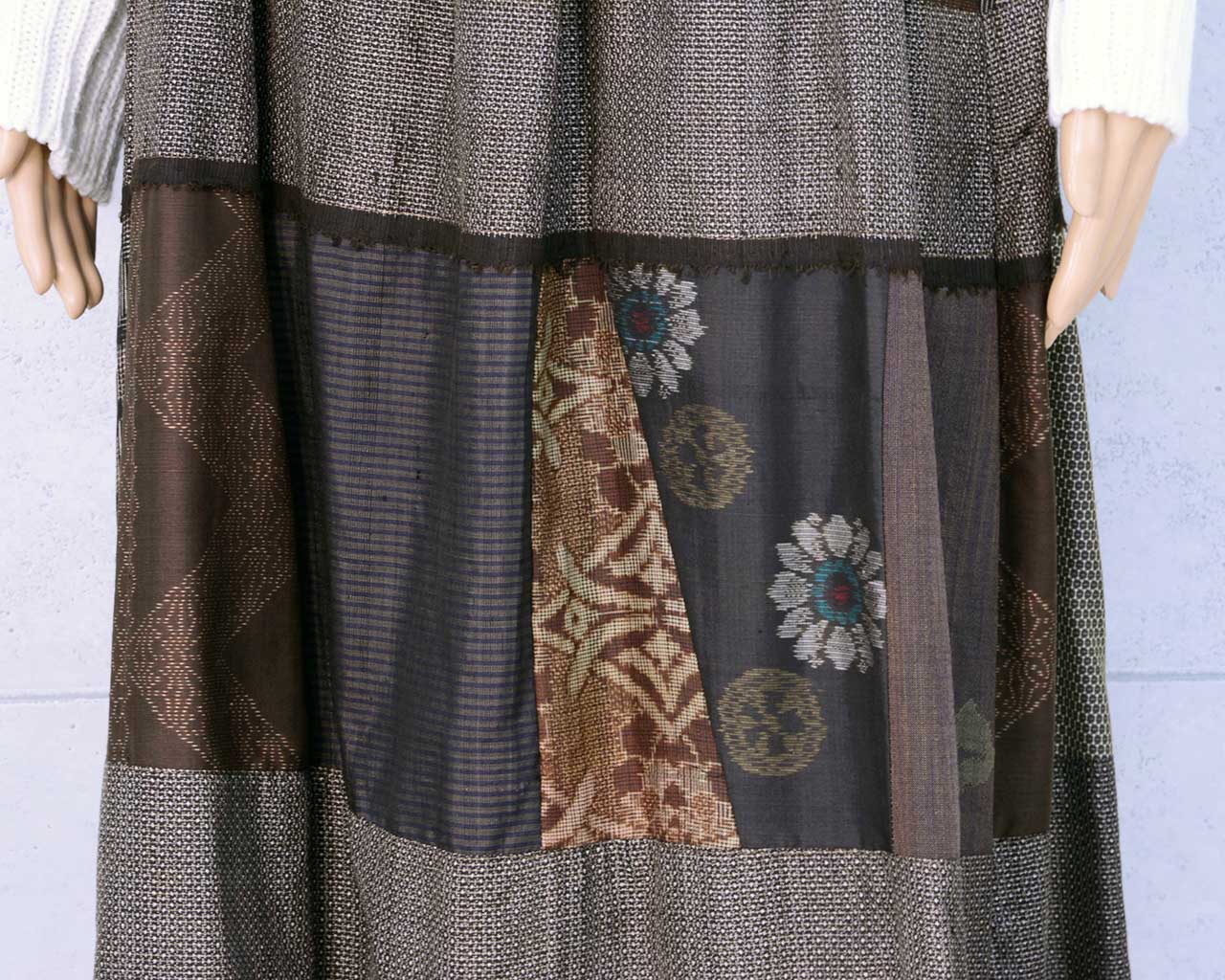 Japanese Vintage Kimono Remake 3-Tiered Skirt Oshima tsumugi Silk